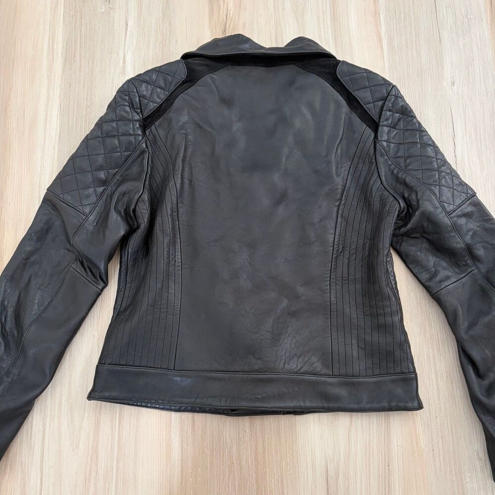 SAM EDELMAN Womans Black Leather Moto Jacket Gold Zipper Coat Jacket Size Medium - Picture 8 of 9